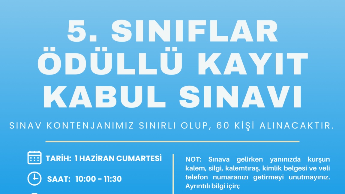 5. Sınıflar Ödüllü Kayıt Kabul Sınavı